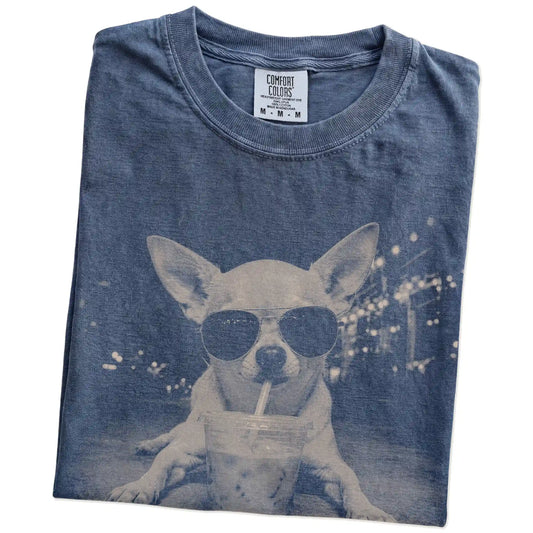 Folded Denim Iced Coffee Chihuahua Comfort Colors® T-shirt showing the graphic