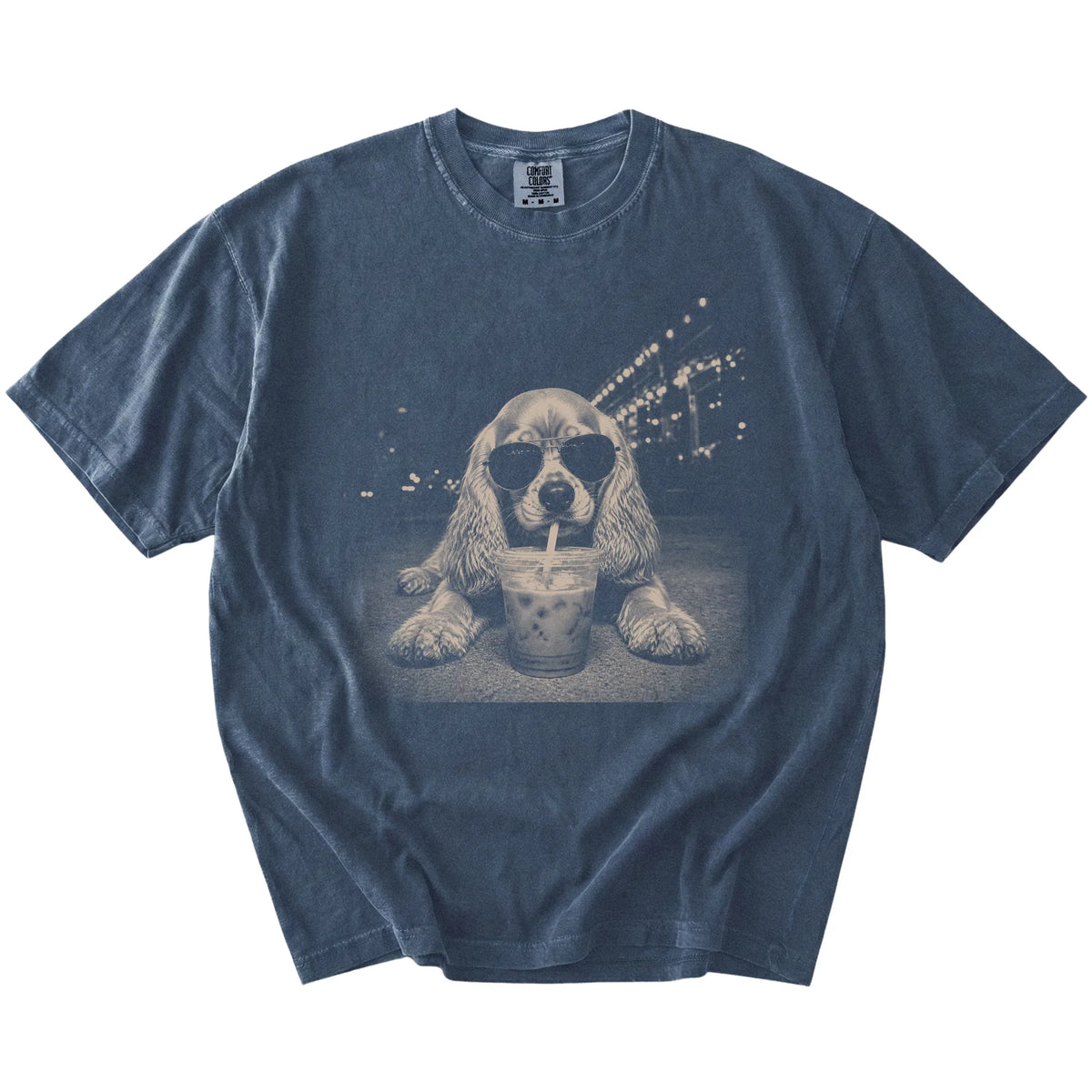 Cocker Spaniel with iced coffee in a retro grunge design on a Denim Comfort Colors® T-shirt