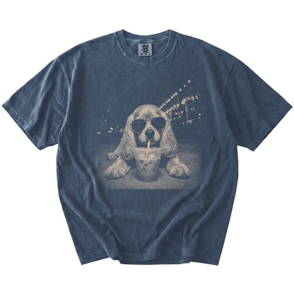 Cocker Spaniel with iced coffee in a retro grunge design on a Denim Comfort Colors® T-shirt
