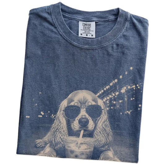 Folded Denim Comfort Colors® T-shirt showing Cocker Spaniel with iced coffee in a retro grunge design