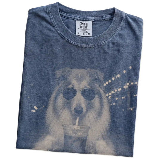Folded Denim Comfort Colors® T-shirt showing Collie with iced coffee in a retro grunge design