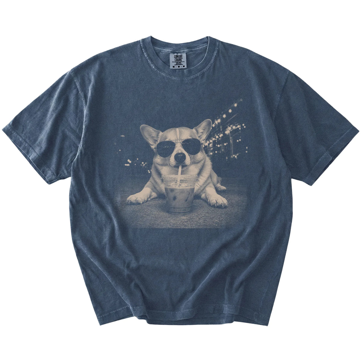 Corgi with iced coffee in a retro grunge design on a Denim Comfort Colors® T-shirt