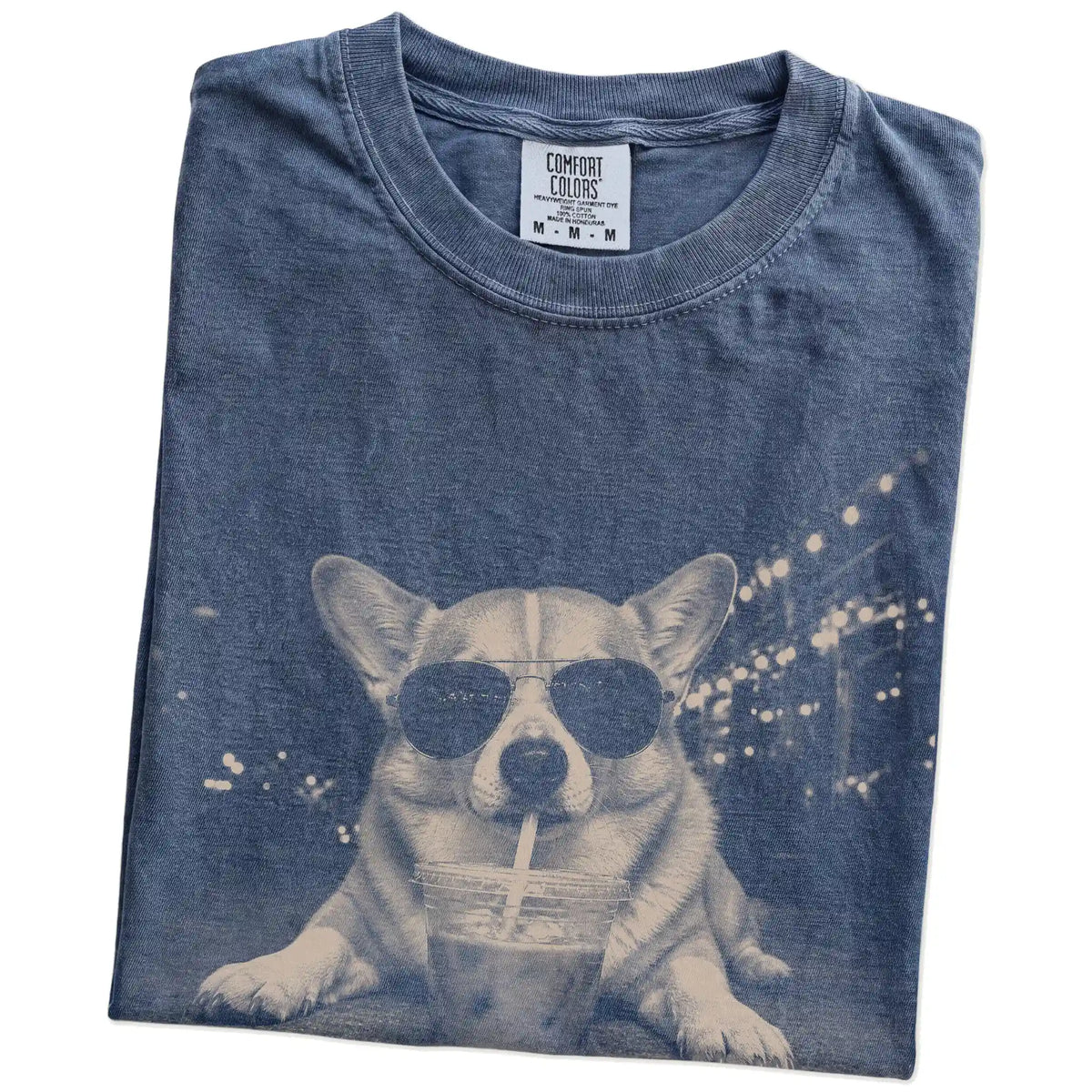 Folded Denim Comfort Colors® T-shirt showing Corgi with iced coffee in a retro grunge design