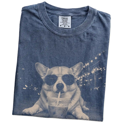 Folded Denim Comfort Colors® T-shirt showing Corgi with iced coffee in a retro grunge design