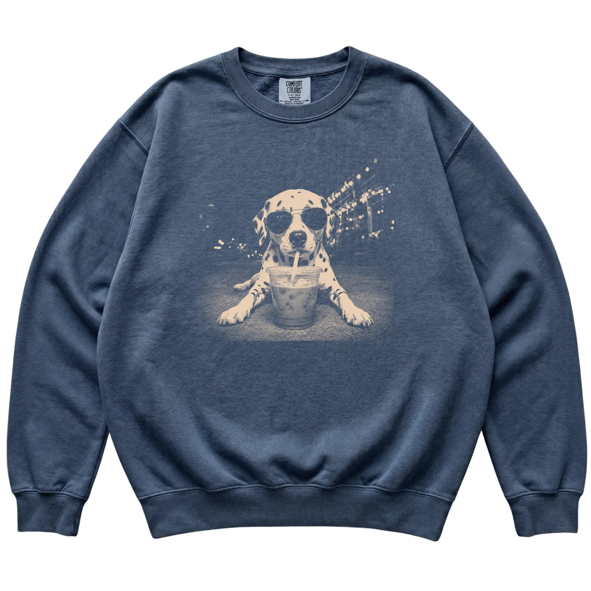 Dalmatian wearing aviator sunglasses and drinking iced coffee on a Denim Comfort Colors 1566 Sweatshirt, flat lay view