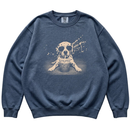 Dalmatian wearing aviator sunglasses and drinking iced coffee on a Denim Comfort Colors 1566 Sweatshirt, flat lay view