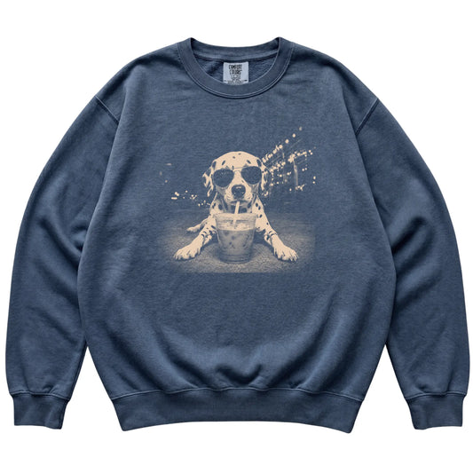 Dalmatian wearing aviator sunglasses and drinking iced coffee on a Denim Comfort Colors 1566 Sweatshirt, flat lay view