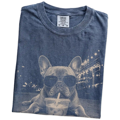 Folded Denim Comfort Colors® T-shirt showing French Bulldog with iced coffee in a retro grunge design