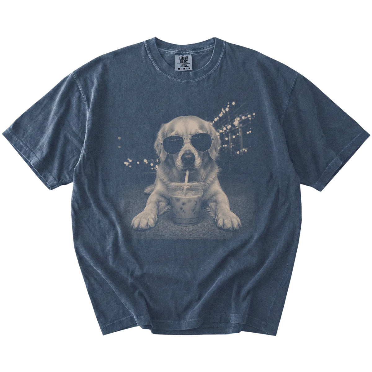 Golden Retriever with iced coffee in a retro grunge design on a Denim Comfort Colors® T-shirt