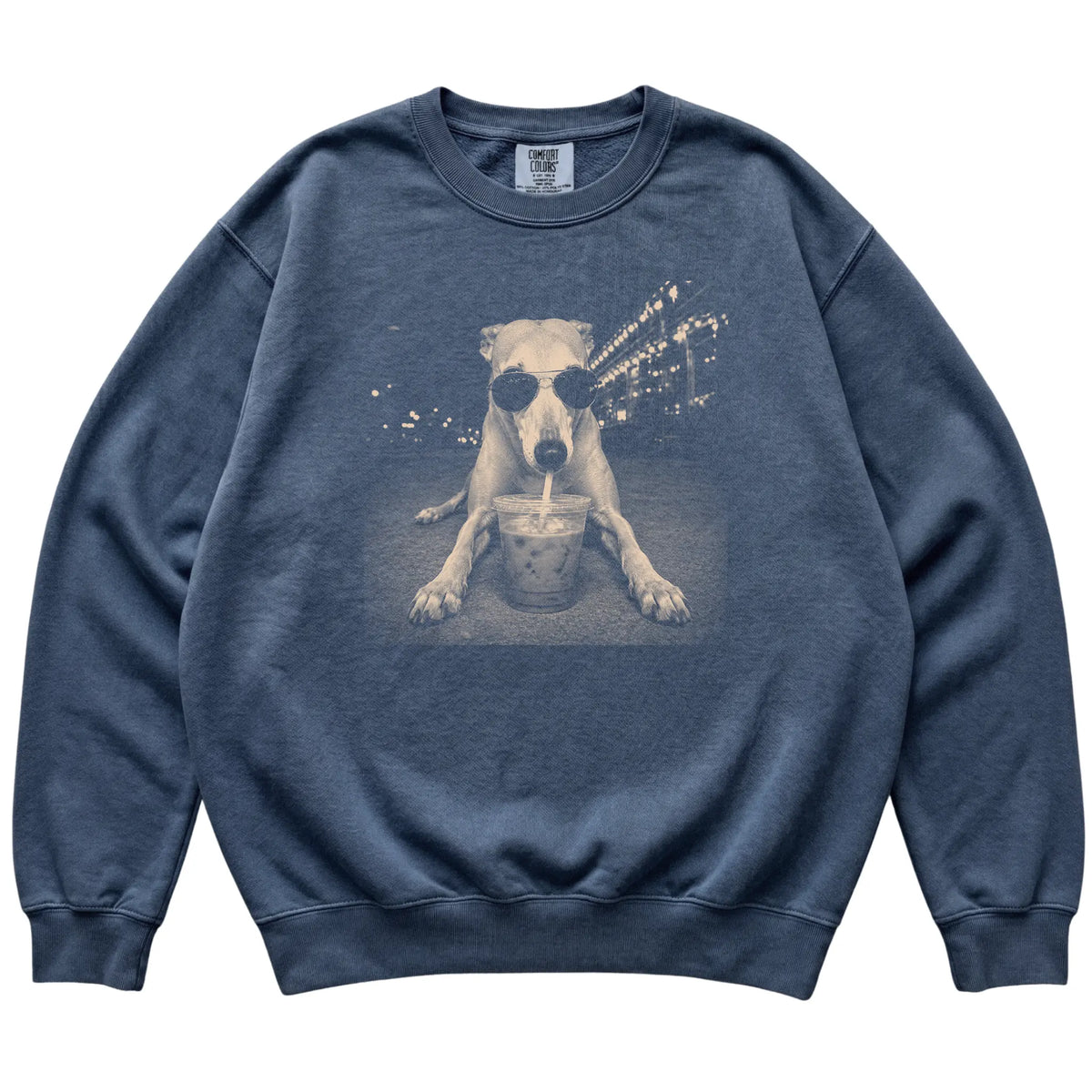 Greyhound wearing aviator sunglasses and drinking iced coffee on a Denim Comfort Colors 1566 Sweatshirt, flat lay view