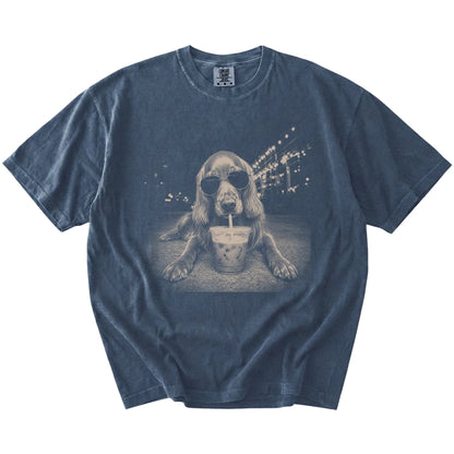 Irish Setter with iced coffee in a retro grunge design on a Denim Comfort Colors® T-shirt