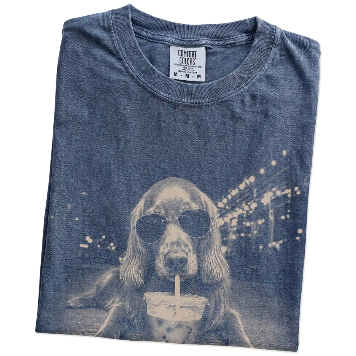 Folded Denim Comfort Colors® T-shirt showing Irish Setter with iced coffee in a retro grunge design