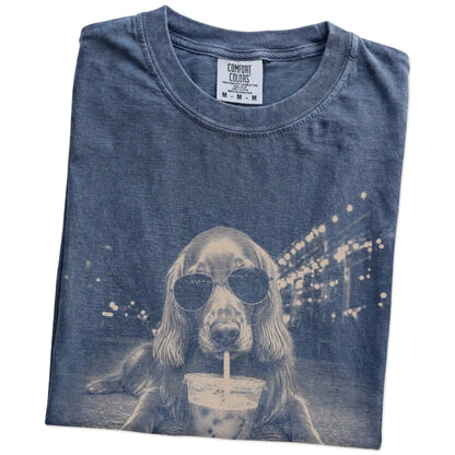 Folded Denim Comfort Colors® T-shirt showing Irish Setter with iced coffee in a retro grunge design