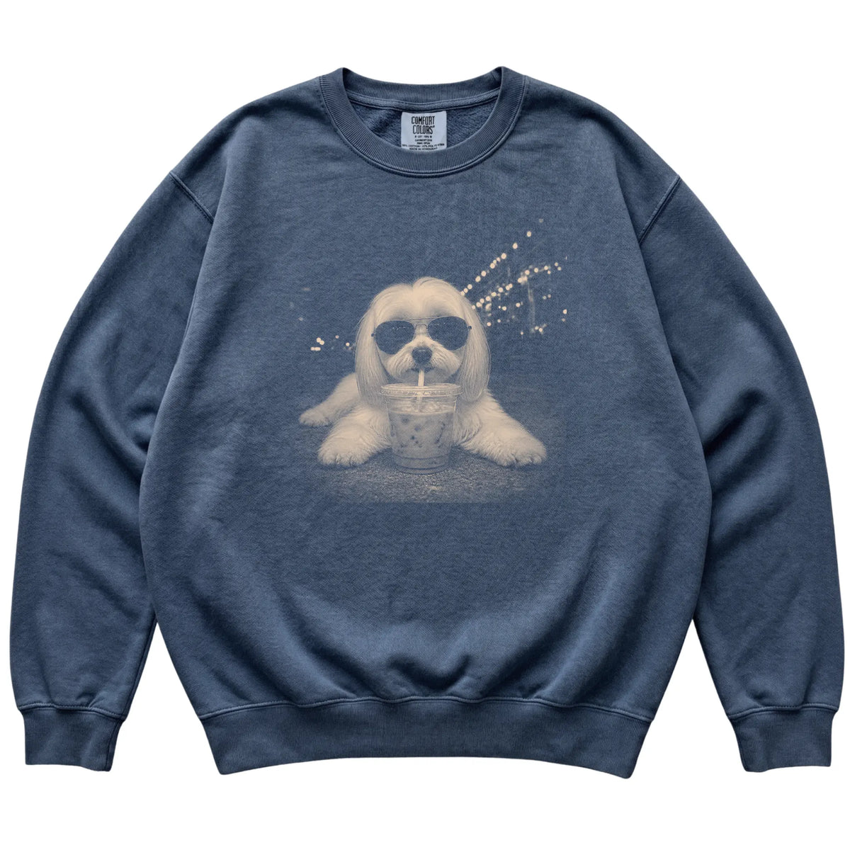 Maltese wearing aviator sunglasses and drinking iced coffee on a Denim Comfort Colors 1566 Sweatshirt, flat lay view