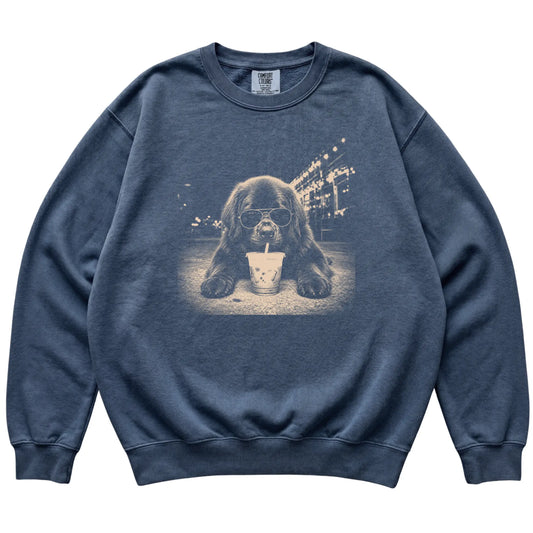 Newfie wearing aviator sunglasses and drinking iced coffee on a Denim Comfort Colors 1566 Sweatshirt, flat lay view