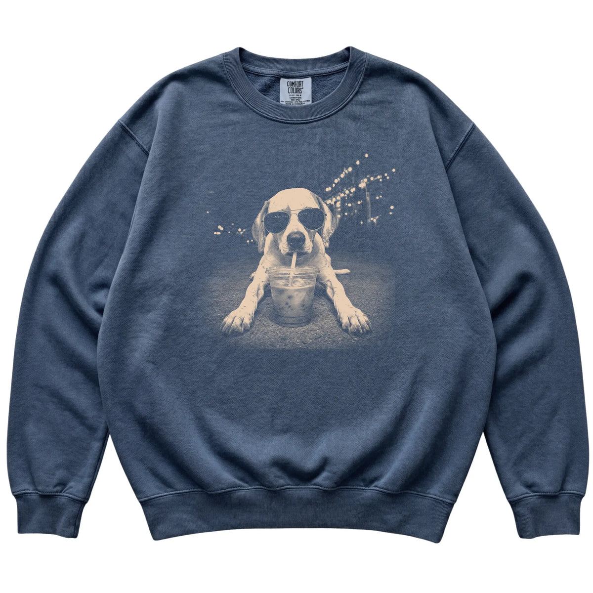 Pointer wearing aviator sunglasses and drinking iced coffee on a Denim Comfort Colors 1566 Sweatshirt, flat lay view