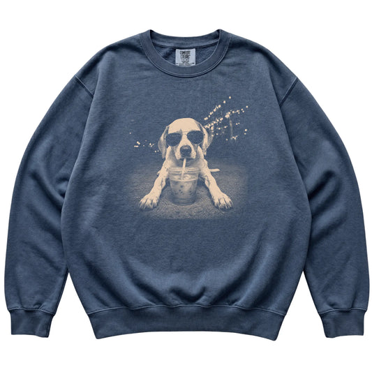 Pointer wearing aviator sunglasses and drinking iced coffee on a Denim Comfort Colors 1566 Sweatshirt, flat lay view