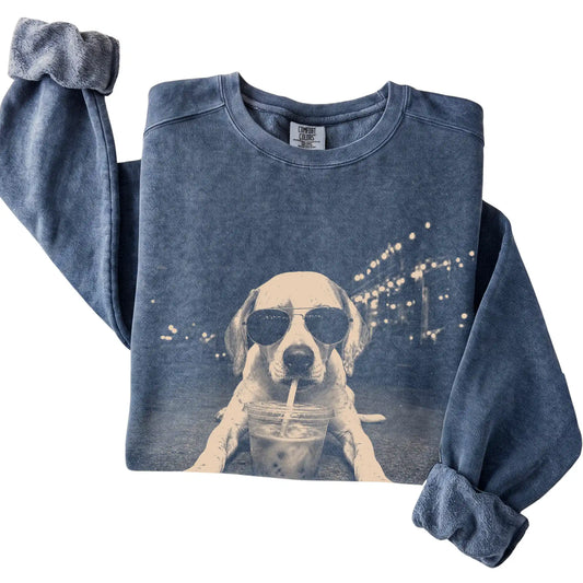 Pointer wearing aviator sunglasses and drinking iced coffee on a Denim Comfort Colors 1566 Sweatshirt, folded view