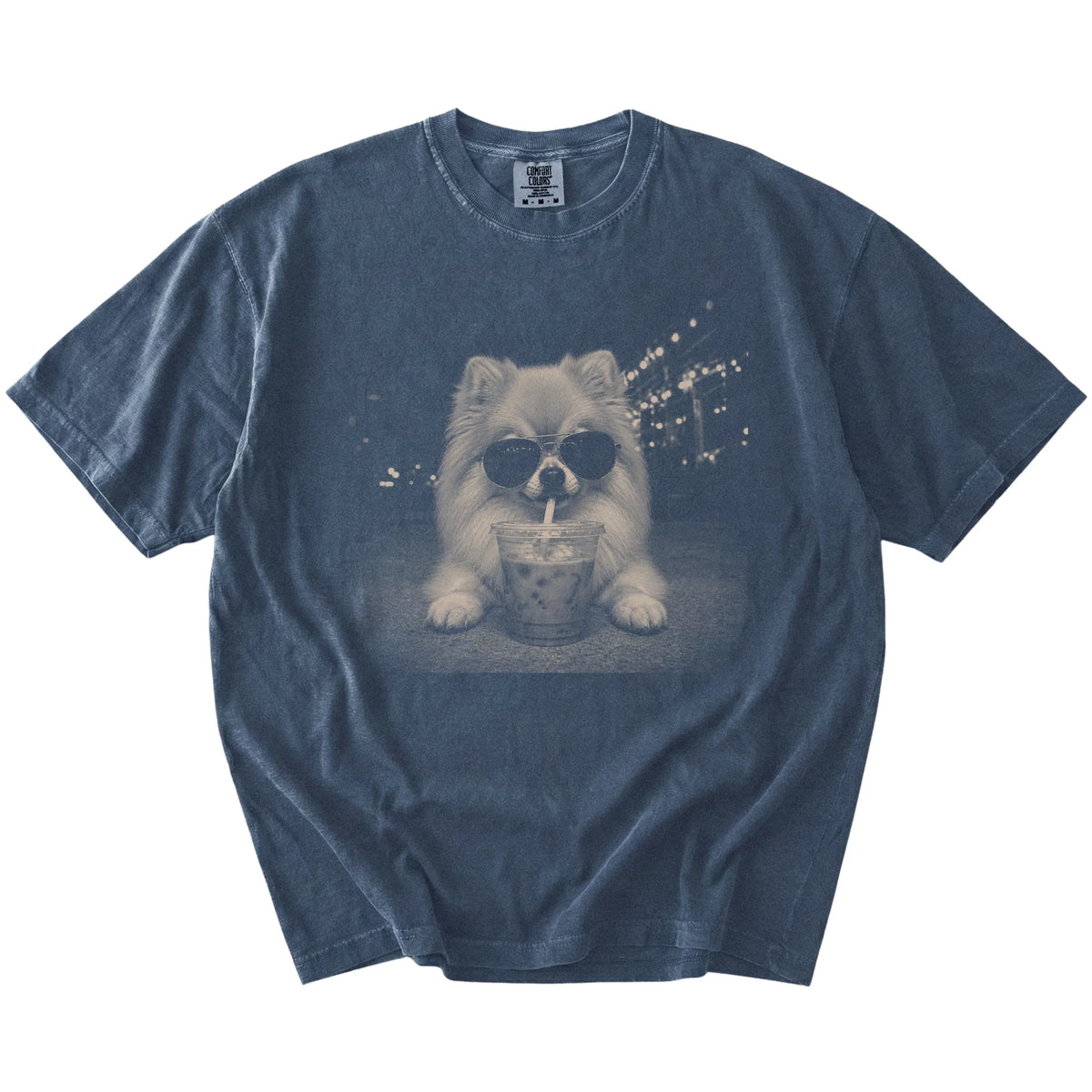 Pomeranian with iced coffee in a retro grunge design on a Denim Comfort Colors® T-shirt