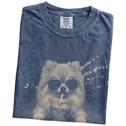 Folded Denim Comfort Colors® T-shirt showing Pomeranian with iced coffee in a retro grunge design
