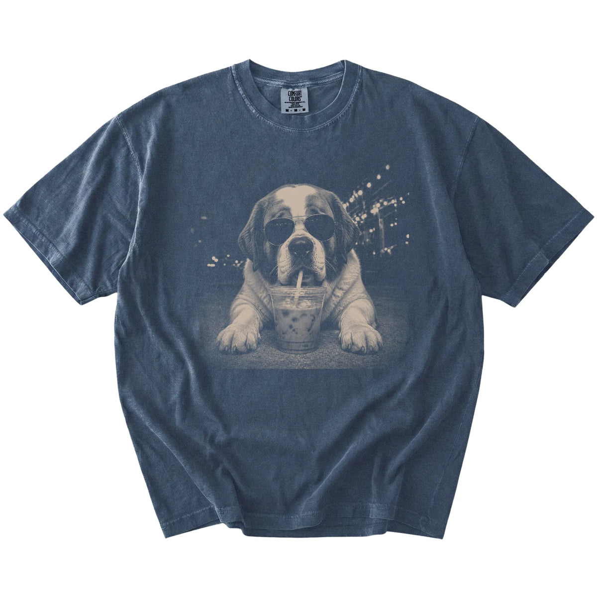 Saint Bernard with iced coffee in a retro grunge design on a Denim Comfort Colors® T-shirt