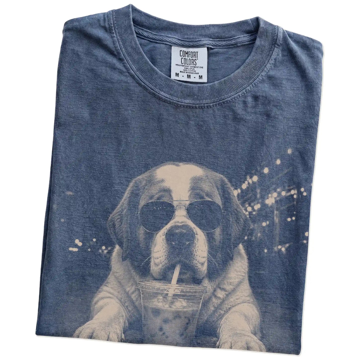 Folded Denim Comfort Colors® T-shirt showing Saint Bernard with iced coffee in a retro grunge design