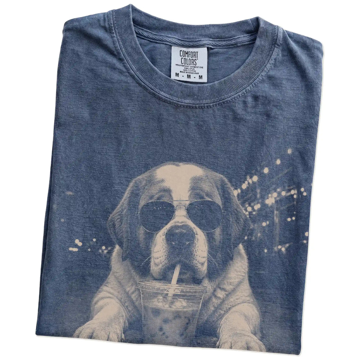 Folded Denim Comfort Colors® T-shirt showing Saint Bernard with iced coffee in a retro grunge design