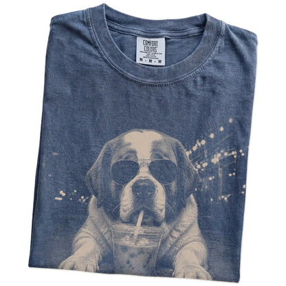 Folded Denim Comfort Colors® T-shirt showing Saint Bernard with iced coffee in a retro grunge design