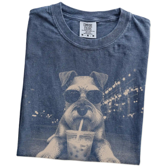 Folded Denim Comfort Colors® T-shirt showing Schnauzer with iced coffee in a retro grunge design
