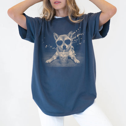 Model wearing a Denim Comfort Colors® T-shirt featuring Shiba Inu with iced coffee in a retro grunge design