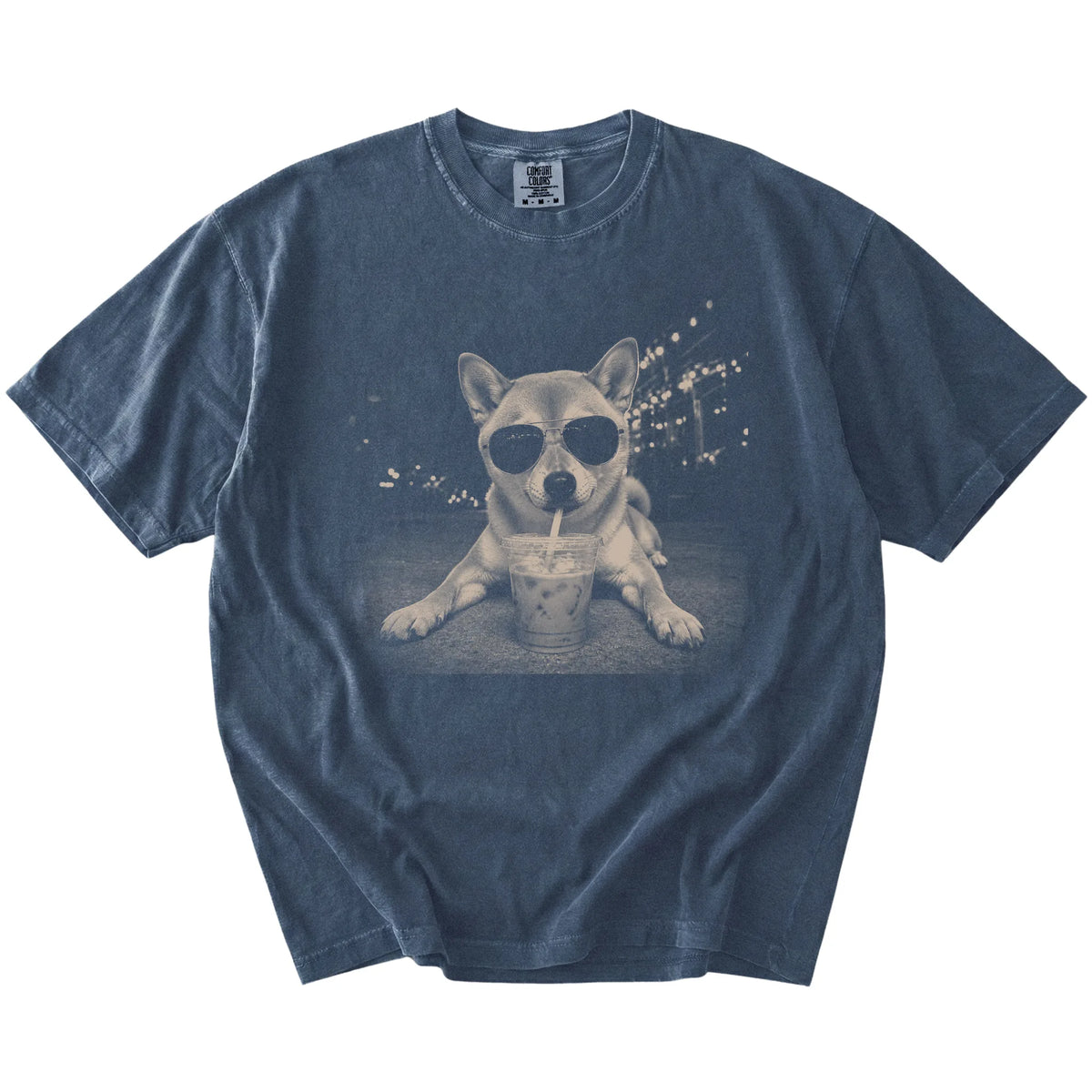 Shiba Inu with iced coffee in a retro grunge design on a Denim Comfort Colors® T-shirt