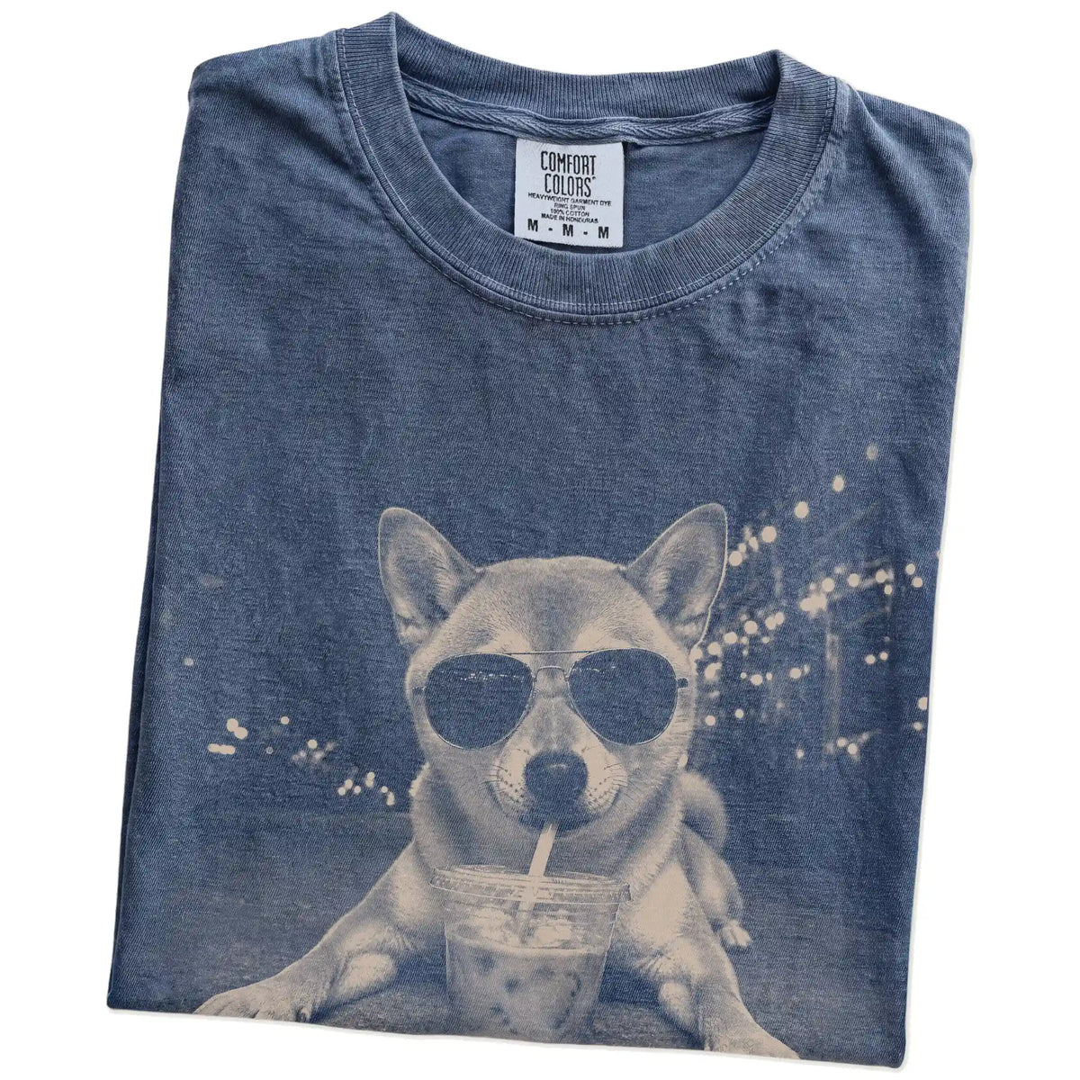 Folded Denim Comfort Colors® T-shirt showing Shiba Inu with iced coffee in a retro grunge design