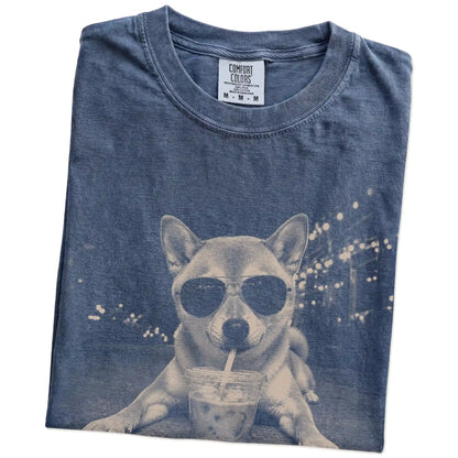Folded Denim Comfort Colors® T-shirt showing Shiba Inu with iced coffee in a retro grunge design
