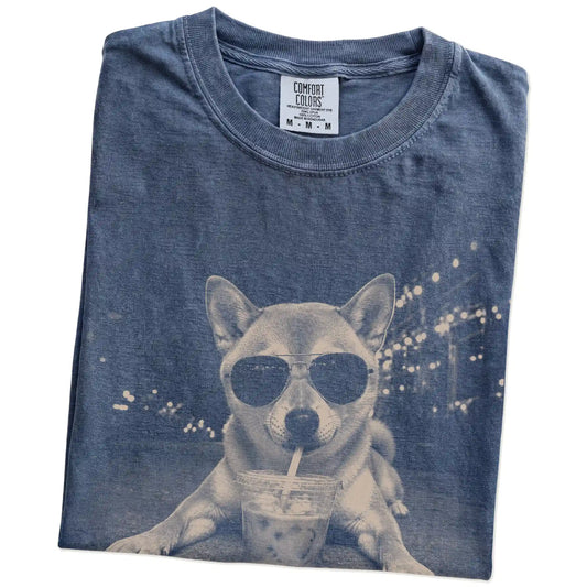 Folded Denim Comfort Colors® T-shirt showing Shiba Inu with iced coffee in a retro grunge design
