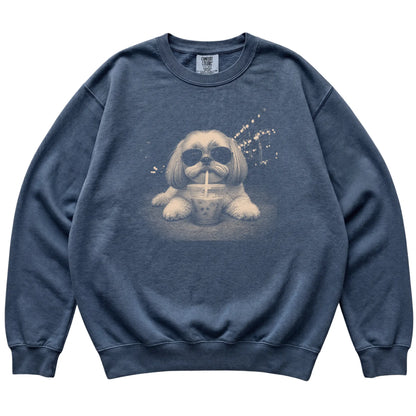 Shih Tzu wearing aviator sunglasses and drinking iced coffee on a Denim Comfort Colors 1566 Sweatshirt, flat lay view