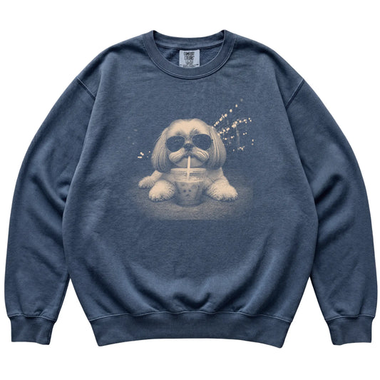 Shih Tzu wearing aviator sunglasses and drinking iced coffee on a Denim Comfort Colors 1566 Sweatshirt, flat lay view