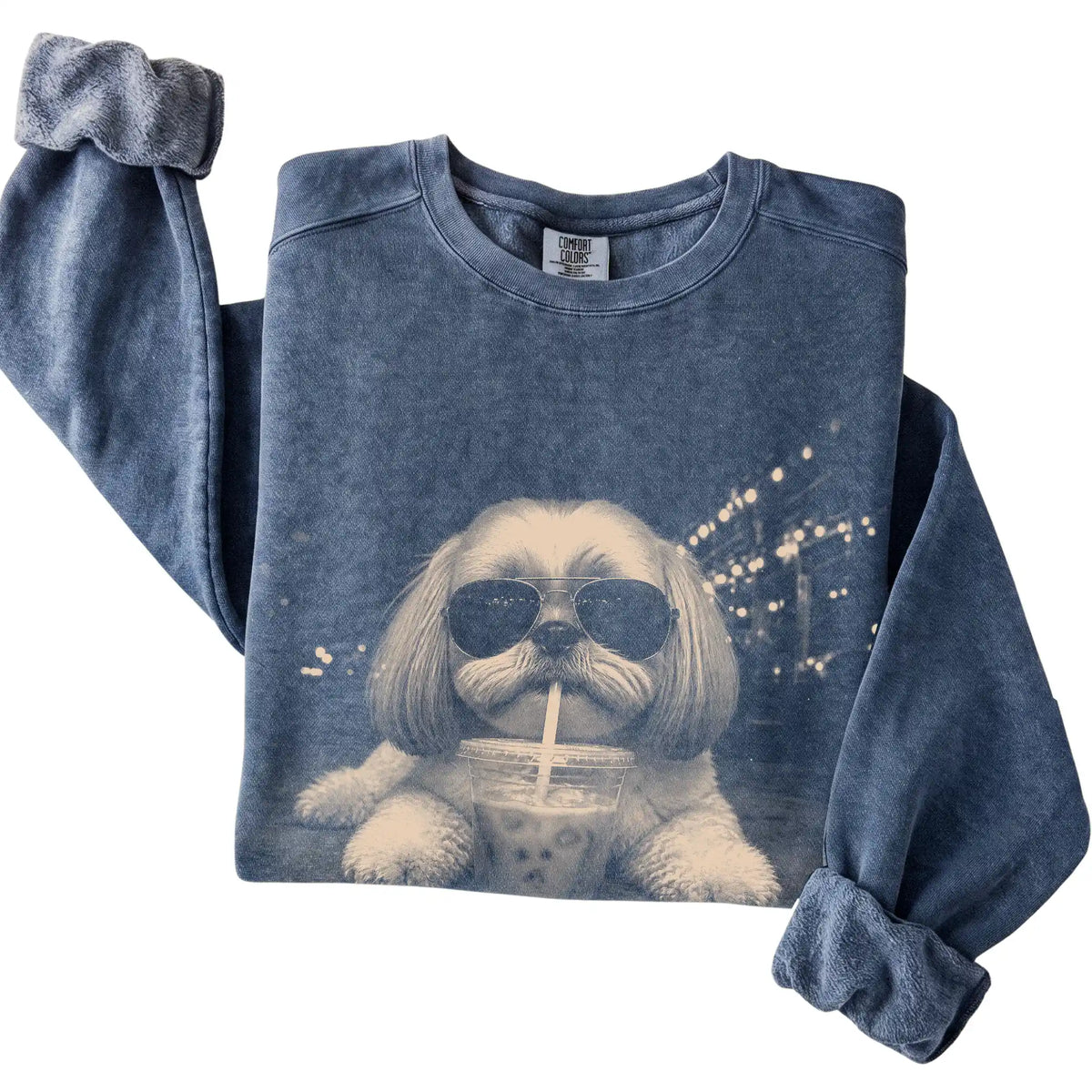Shih Tzu wearing aviator sunglasses and drinking iced coffee on a Denim Comfort Colors 1566 Sweatshirt, folded view