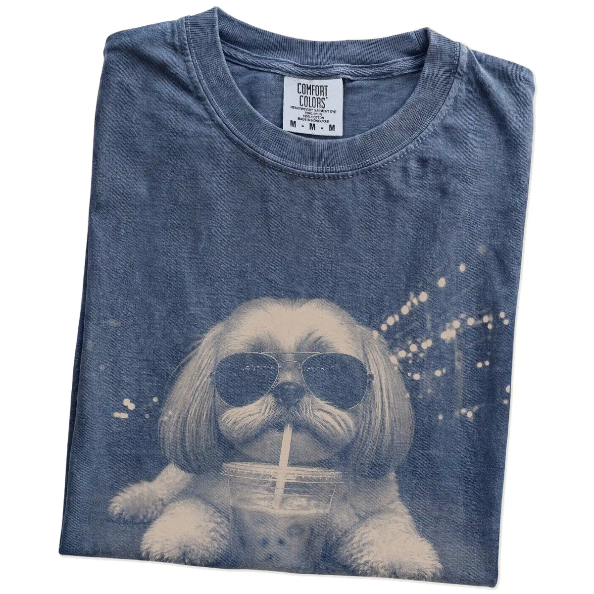 Folded Denim Comfort Colors® T-shirt showing Shih Tzu with iced coffee in a retro grunge design