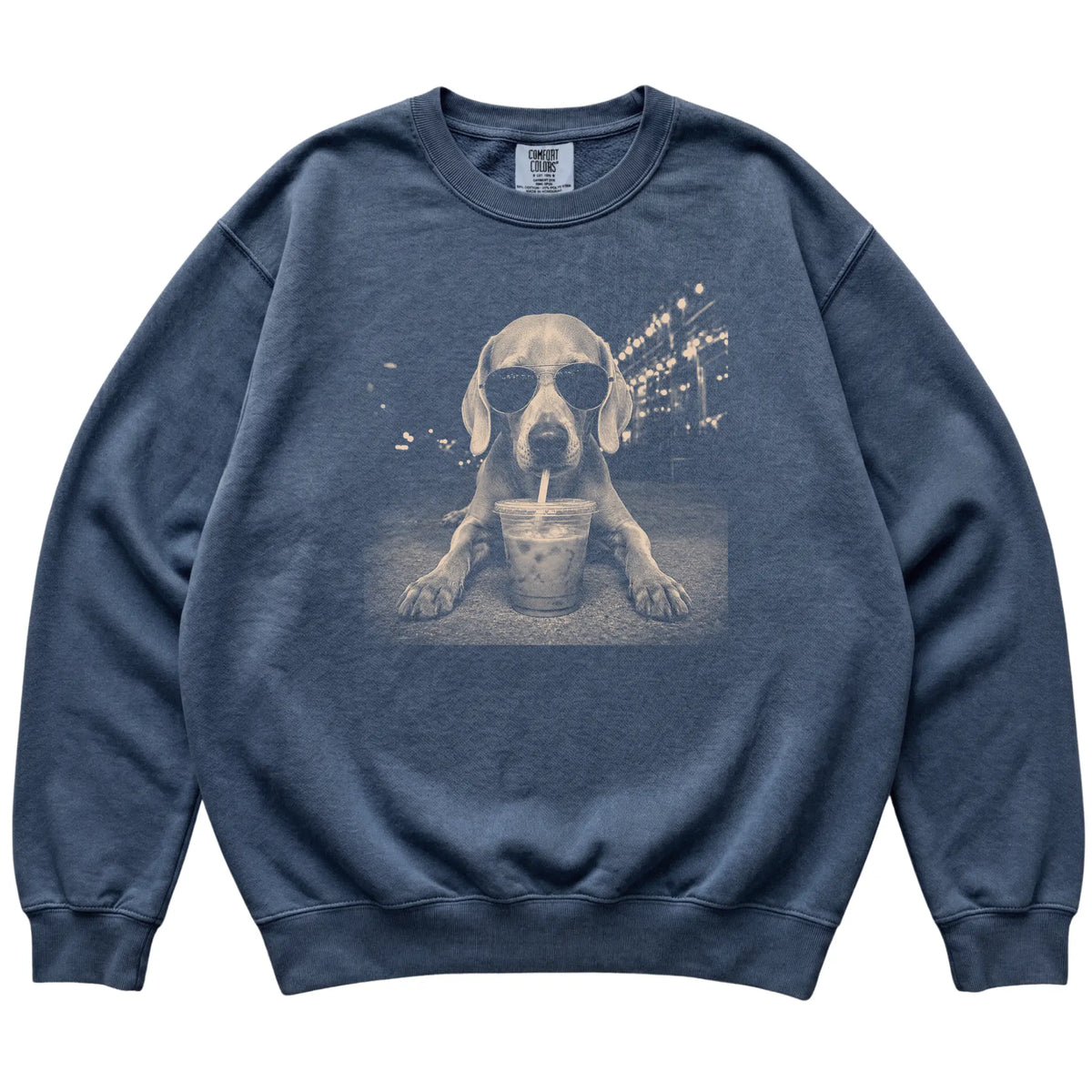 Weimaraner wearing aviator sunglasses and drinking iced coffee on a Denim Comfort Colors 1566 Sweatshirt, flat lay view
