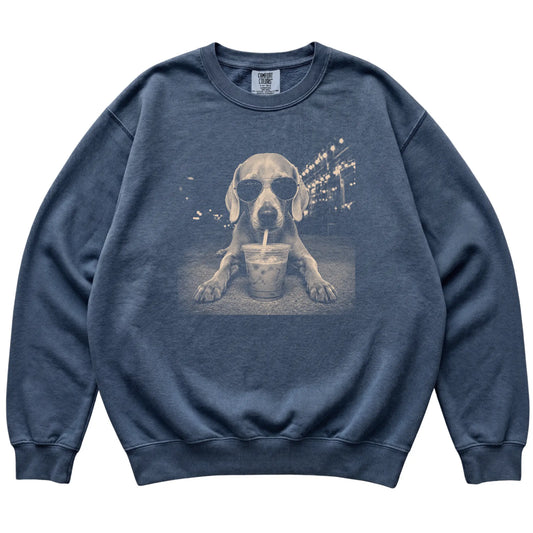 Weimaraner wearing aviator sunglasses and drinking iced coffee on a Denim Comfort Colors 1566 Sweatshirt, flat lay view