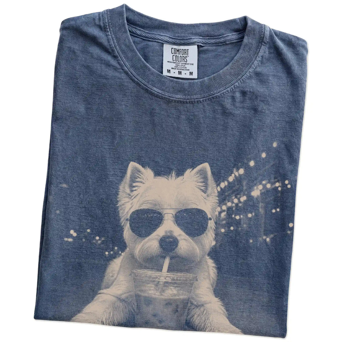 Folded Denim Comfort Colors® T-shirt showing Westie with iced coffee in a retro grunge design