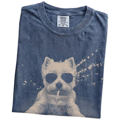 Folded Denim Comfort Colors® T-shirt showing Westie with iced coffee in a retro grunge design