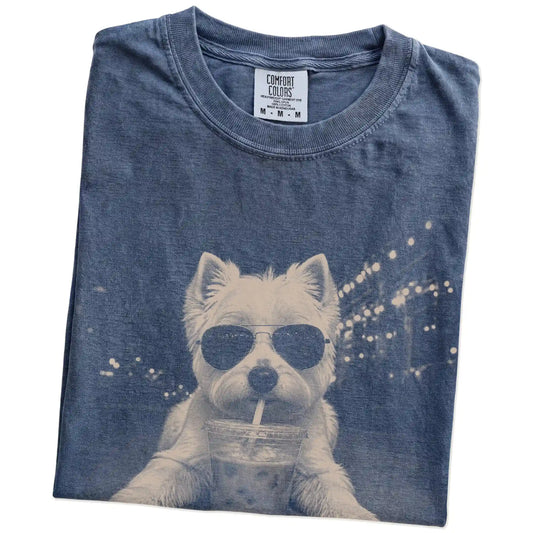 Folded Denim Comfort Colors® T-shirt showing Westie with iced coffee in a retro grunge design