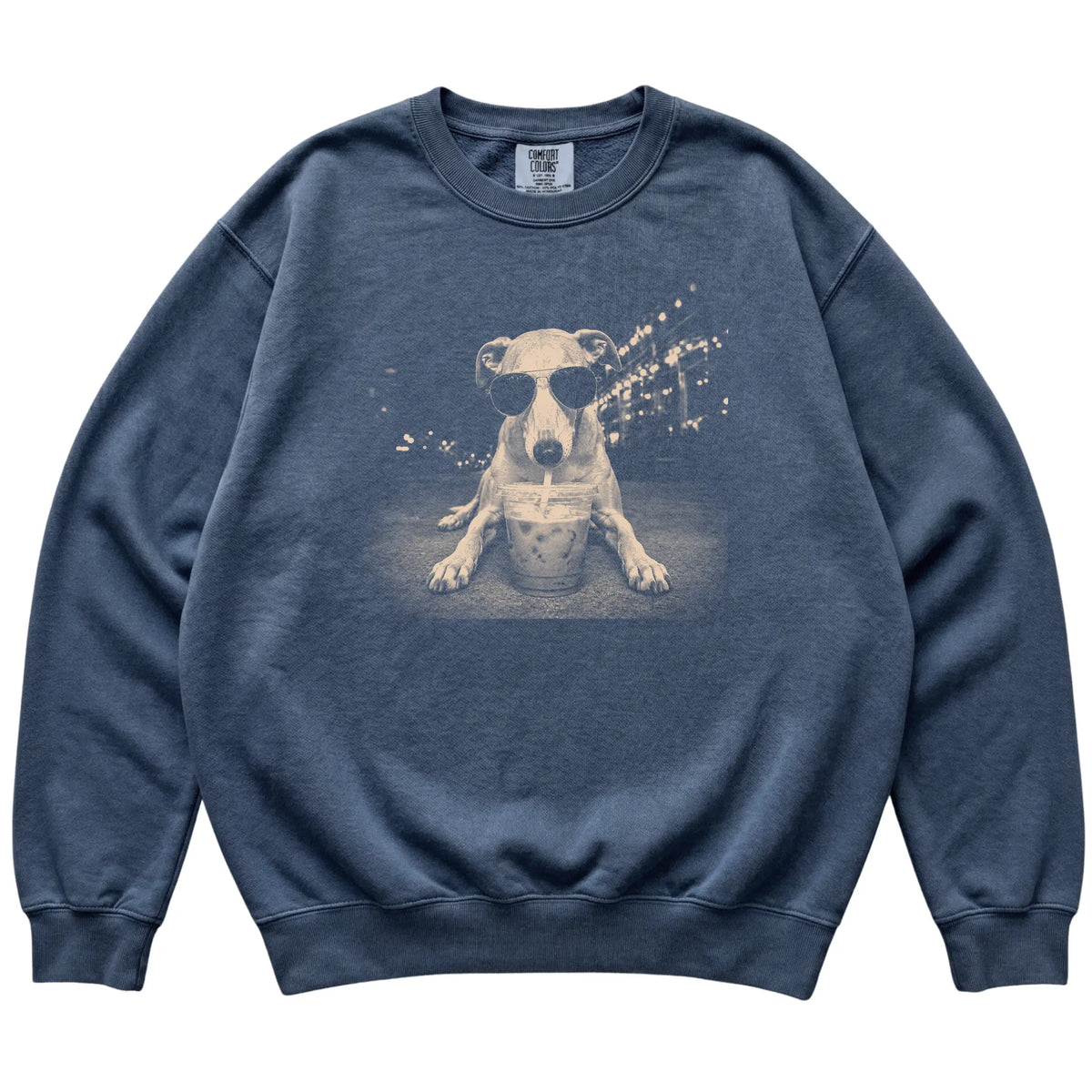 Whippet wearing aviator sunglasses and drinking iced coffee on a Denim Comfort Colors 1566 Sweatshirt, flat lay view