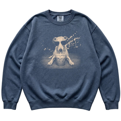Whippet wearing aviator sunglasses and drinking iced coffee on a Denim Comfort Colors 1566 Sweatshirt, flat lay view
