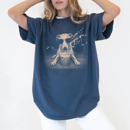 Model wearing a Denim Comfort Colors® T-shirt featuring Whippet with iced coffee in a retro grunge design