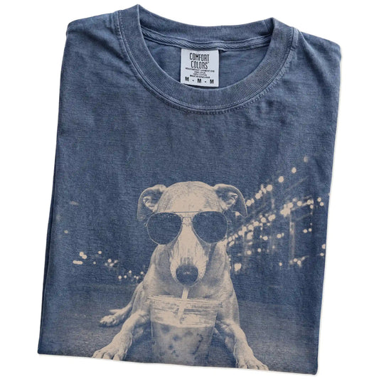 Folded Denim Comfort Colors® T-shirt showing Whippet with iced coffee in a retro grunge design