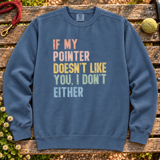 “If my Pointer doesn’t like you, I don’t either” text on a Denim sweatshirt