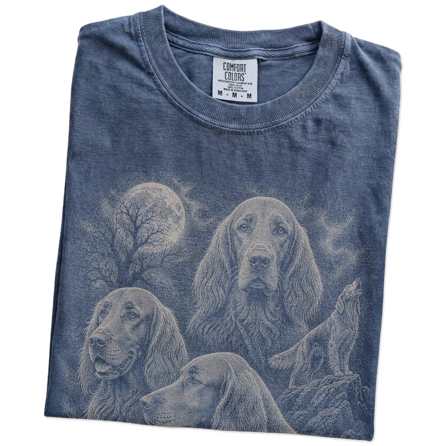 Folded Denim Comfort Colors® T-shirt showing a vintage moon montage featuring Irish Setter