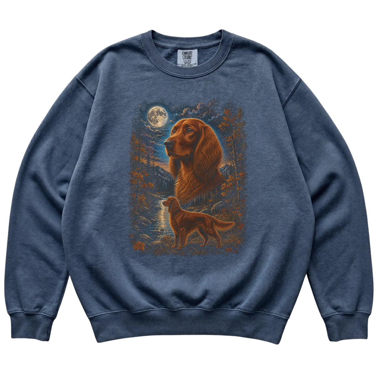 denim sweatshirt with Irish Setter Autumn Moon artwork.